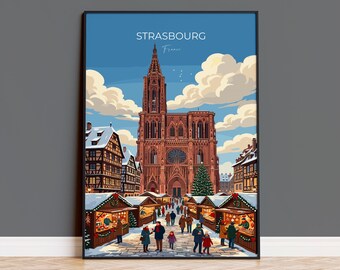 Strasbourg Christmas Market Poster, Alsace Winter Wall Art, Petite France Print, France Festive Travel Poster, Strasbourg Gift