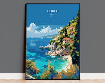 Corfu Travel Poster, Travel Print of Corfu, Greece Gift, Greek Islands Art Lovers Gift, Corfu Gift Art, Wall Art Print