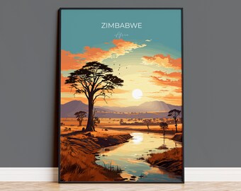 Póster de viaje de Zimbabwe, arte mural, póster de viaje de la puesta de sol de Zimbabwe, regalo de Zimbabwe, arte de viaje de Zimbabwe, regalo para amantes del arte de África