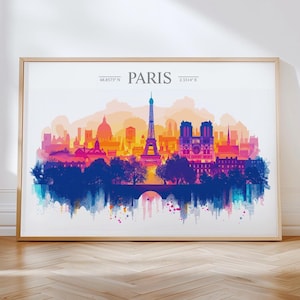 Paris Skyline Travel Poster Wall Art Landscape, Travel Print of Paris, Paris Art Lovers Gift,  France Art Gift