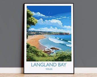 Langland Bay Travel Poster Wall Art, Langland Bay Travel Print, Mumbles Art Gift, Wales, Welsh Art Gift, Wall Art Print