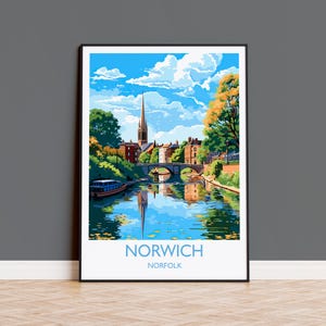 Impresión de viaje de Norwich, póster de viaje de Norwich, Norfolk, Inglaterra, arte de Norfolk, regalo de Norfolk, regalo de Norwich, impresión de arte de pared