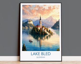 Lake Bled Travel Poster, Travel Print of Lake Bled, Slovenia, Slovenia Art, Lake Bled Gift, Wall Art Print