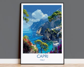 Capri Travel Print, Travel Poster of Capri, Italy, Capri Art Lovers Gift, Amalfi Coast Gift, Wall Art Print