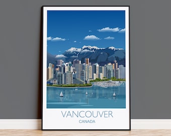 May include: A colorful illustration of the Vancouver skyline with mountains in the background. The city is reflected in the water below. The text "VANCOUVER CANADA" is at the bottom of the image.