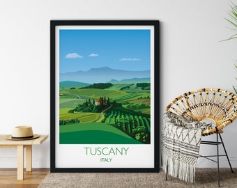 May include: A framed illustration of a Tuscan landscape with rolling green hills, a small house, and a blue sky with white clouds. The text "Tuscany, ITALY" is printed below the image.