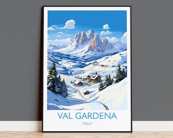 Affiche de voyage d'art mural Val Gardena, impression de voyage de Val Gardena, cadeau d'art affiche de ski, cadeau pour les amateurs de voyage d'art de ski des Dolomites en Italie