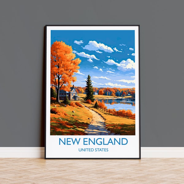 New England Poster, Travel Print of New England, New England State, Autumn Fall Art Gift, USA, Travel Gift