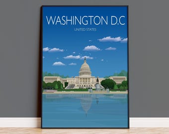 Washington DC Travel Poster, Travel Print of Washington, City of Washington DC, USA City Art Lovers Gift,  Washington Capitol Building