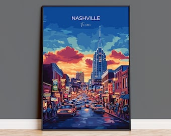 May include: A framed art print of Nashville, Tennessee, featuring a vibrant street scene at dusk. The artwork showcases a cityscape with buildings, cars, and people, under a colorful sky with the text "Nashville Tennessee".