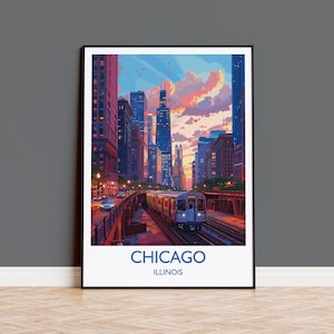 Chicago Travel Poster Wall Art, Travel Print of Chicago, Illinois, Chicago Art Lovers Gift, USA City Art Gift,