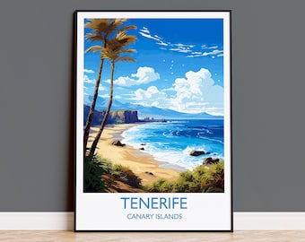 May include: Framed art print of a beach scene in Tenerife, Canary Islands. The artwork features a sandy beach, turquoise water, and a bright blue sky with fluffy white clouds. Two palm trees are in the foreground. The text "TENERIFE" and "CANARY ISLANDS" are at the bottom.