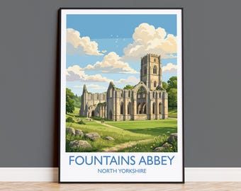 Fountains Abbey Print, Yorkshire Wall Art with Border, Ripon Abbey Ruins Poster, England Travel Print, Fountains Abbey Gift