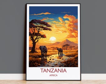 Póster de viaje de Tanzania, Lámina de viaje de Tanzania, Regalo de Tanzania, Atardecer en Tanzania, África, Regalo para amantes del arte africano, Lámina decorativa para pared
