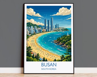 Busan Travel Print, South Korea Wall Art with Border, Haeundae Beach Poster, Coastal Cityscape Art Print, Busan Gift