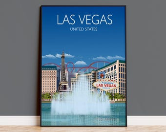 Las Vegas reseaffisch väggkonst, resetryck av Las Vegas, staden Las Vegas, USA, USA reseaffisch, Las Vegas konstälskare gåva