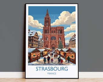 Strasbourg Christmas Market Print, Alsace Winter Wall Art with Border, Petite France Poster, France Festive Travel Print, Strasbourg Gift