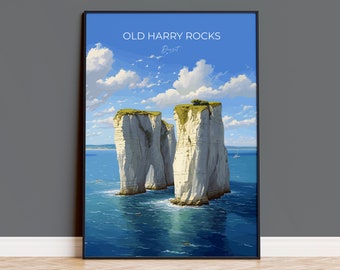 Old Harry Rocks Print, Travel Poster of Old Harry Rocks, England, Dorset Coast Art, Dorset Art Lovers Gift, Wall Art Print