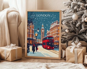 May include: A framed art print depicting a snowy London street scene at Christmas. The artwork features a red double-decker bus, Big Ben, and pedestrians. The print is in a wooden frame, with a Christmas tree and wrapped gifts in the background.