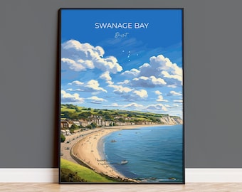 Swanage Bay Travel Poster, Travel Print of Swanage Bay, England, Dorset Coast Art Lovers Gift, Wall Art Print