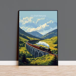 Glenfinnan Viaduct Travel Poster Wall Art, Scottish Highlands Art, Railway Bridge Print, Scotland Landscape, Steam Train Decor Artwork