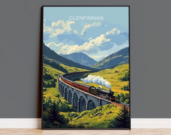 Glenfinnan Viaduct Travel Poster Wall Art, Scottish Highlands Art, Railway Bridge Print, Scotland Landscape, Steam Train Decor Artwork