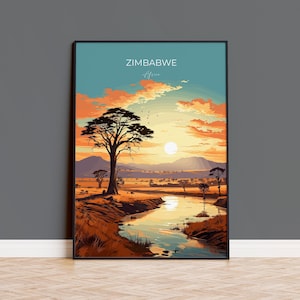 Zimbabwe Travel Poster Wall Art, Travel Poster of Zimbabwe Sunset, Zimbabwe Gift, Zimbabwe Travel Art, Africa Art Lovers Gift