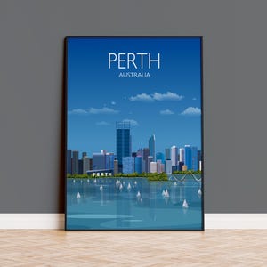 Reisposter van Perth, reisafdruk van Perth, stad Perth, Australië, reisposter Australië, stadsgezicht van Perth