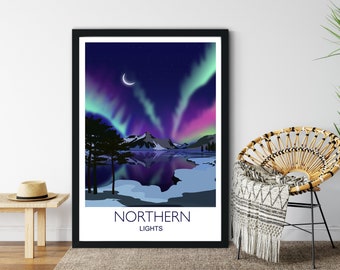 Northern Lights Poster, Aurora Borealis Travel Print, Northern Lights Artwork, Travel Print of Northern Lights