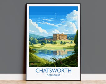 チャッツワース旅行プリントウォールアート、チャッツワース（イギリス）の旅行ポスター、ピークディストリクトのアート愛好家へのギフト、チャッツワースギフト、イギリスの田園地帯
