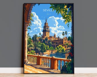 Seville Travel Poster, Travel Print of Seville, Spain Poster, Seville Wall Art Lovers Gift, Spain Art Gift