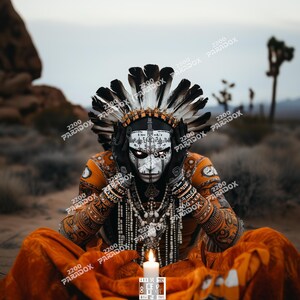 May include: A person wearing a headdress with feathers and white face paint with black eyes sits in a desert setting. The person is wearing a long orange robe and has a lit candle in front of them.