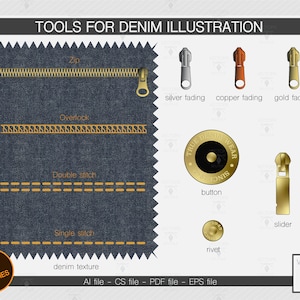 Jeans illustration tools; Stitching brushes and metallic accessories.Seamless denim pattern.Adobe Illustrator. Button, rivet, zipper vector.