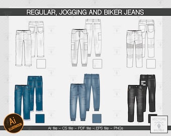 Jeans vector flats/sketches set. Regular, jogging and biker jeans. Denim designs. Fashion Illustration. Adobe Illustrator design.
