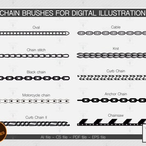 10 pinceaux de chaîne Illustrator pour l’illustration numérique. Vector.Oval, câble, chaîne, point, tricot, moto, bordure, chaîne d’ancrage et tronçonneuse.