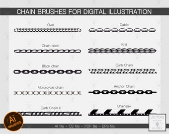 10 Illustrator chain brushes for digital illustration.Vector.Oval, cable, chain, stitch, knitt, motorcycle, curb, anchor chain and chainsaw.