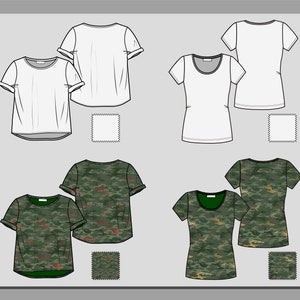 May include: Four different t-shirt designs, two white and two camouflage. Each design is shown in both front and back views. Fabric swatches are included for each design.