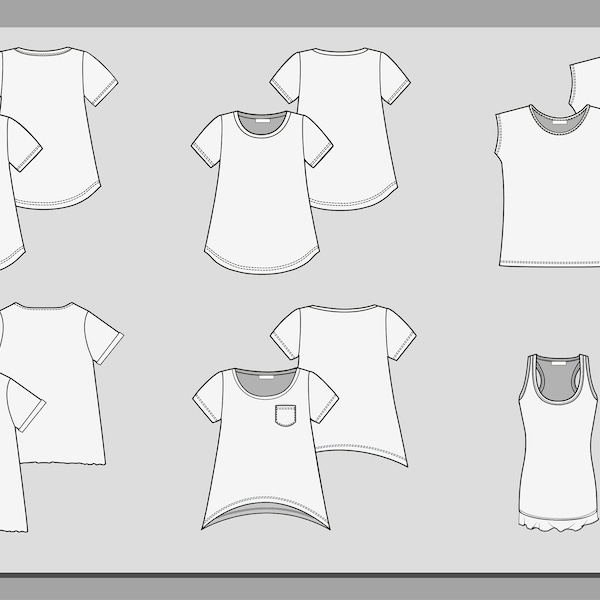Conjunto de bocetos planos de moda vectorial de camiseta. Diseño de Adobe Illustrator.