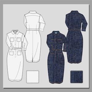 Dibujo plano de moda vectorial de vestido. Textura de pantalones vaqueros. Patrón sin costuras. Diseño en Adobe Illustrator.