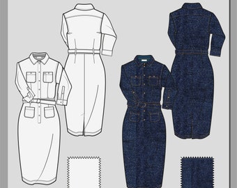 Dibujo plano de moda vectorial de vestido. Textura de pantalones vaqueros. Patrón sin costuras. Diseño en Adobe Illustrator.