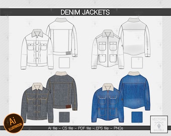 Denim jackets vector fashion flat sketch. Padded jackets. Dark blue. Denim jeans texture. Seamless pattern. Adobe Illustrator design.