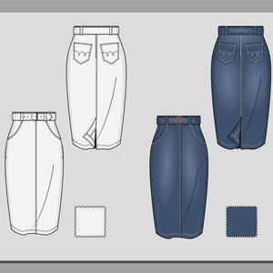 May include: Two denim skirts, one white and one blue, with a front slit and a belt. Fabric swatches are shown below each skirt.