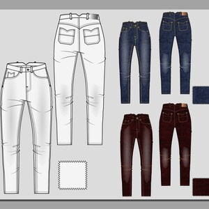 Può includere: Illustrazione di moda di diversi jeans. I jeans sono mostrati in bianco, blu scuro e marrone. I modelli includono viste anteriori e posteriori, con dettagli come tasche, cuciture e campioni di tessuto.
