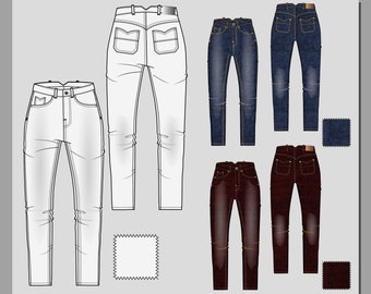 Jeans vector fashion flat sketch. High waist jeans. Dark blue. Denim jeans texture. Seamless pattern. Adobe Illustrator design.