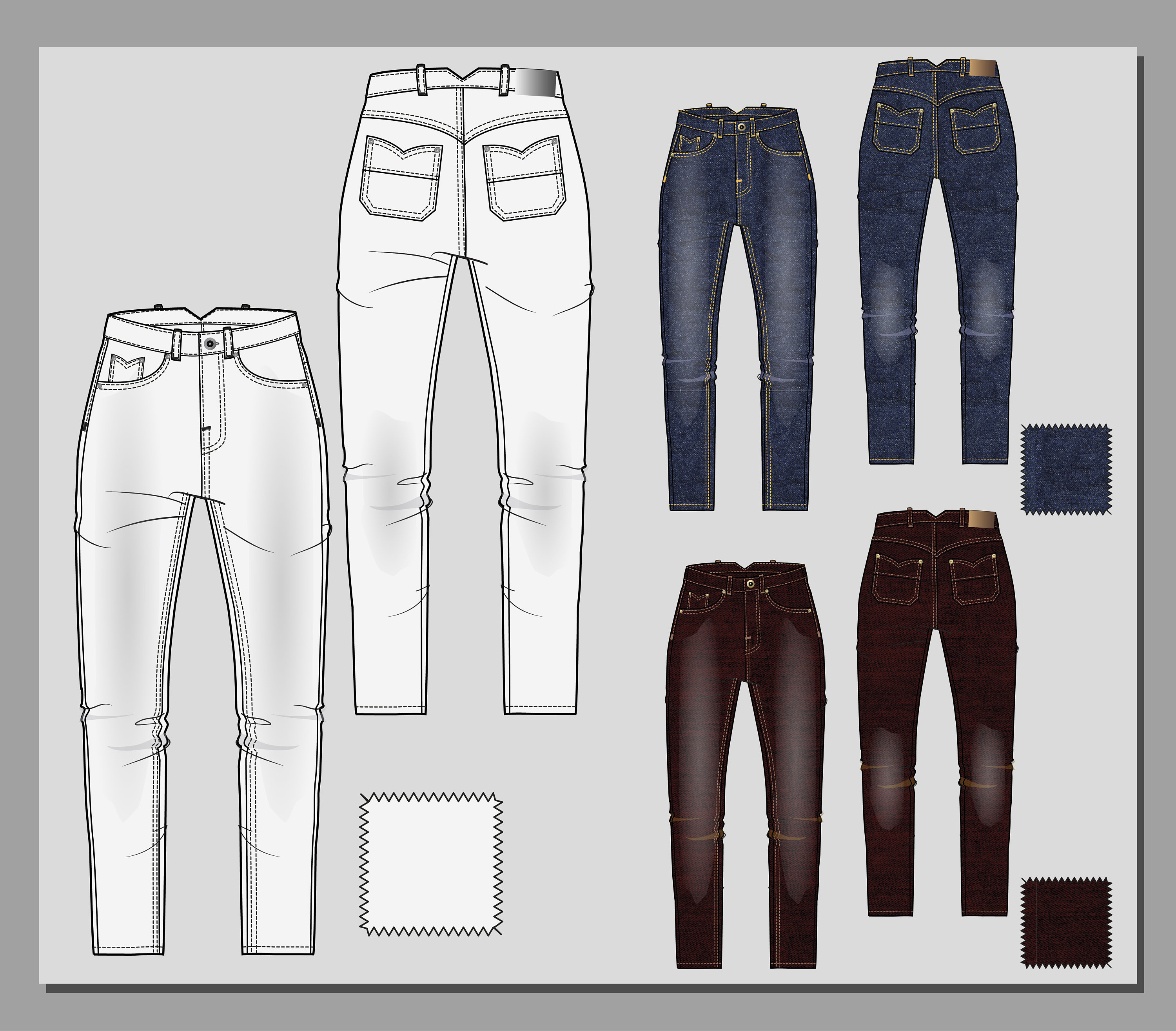 Jeans Vector Fashion Flat Sketch. High Waist Jeans. Dark Blue. Denim