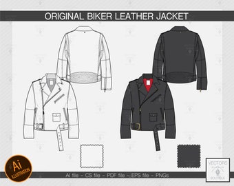 Bosquejo plano de la moda del vector de la chaqueta de cuero. Chaqueta Perfecta. Chaqueta de motociclista. Diseño de adobe illustrator.