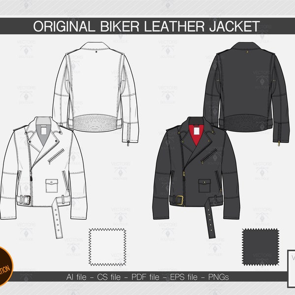 Leather jacket vector fashion flat sketch. Perfecto jacket. Biker jacket. Adobe Illustrator design.