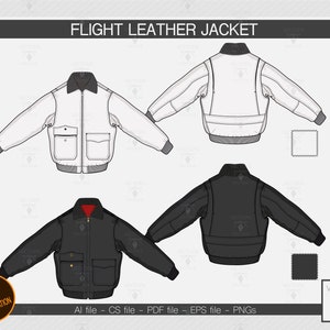 Può includere: Un'illustrazione tecnica di una giacca da pilota in due varianti di colore: bianco e nero. La giacca ha una chiusura a zip, un colletto a listino e due tasche a patta. L'illustrazione mostra le viste anteriore e posteriore della giacca.