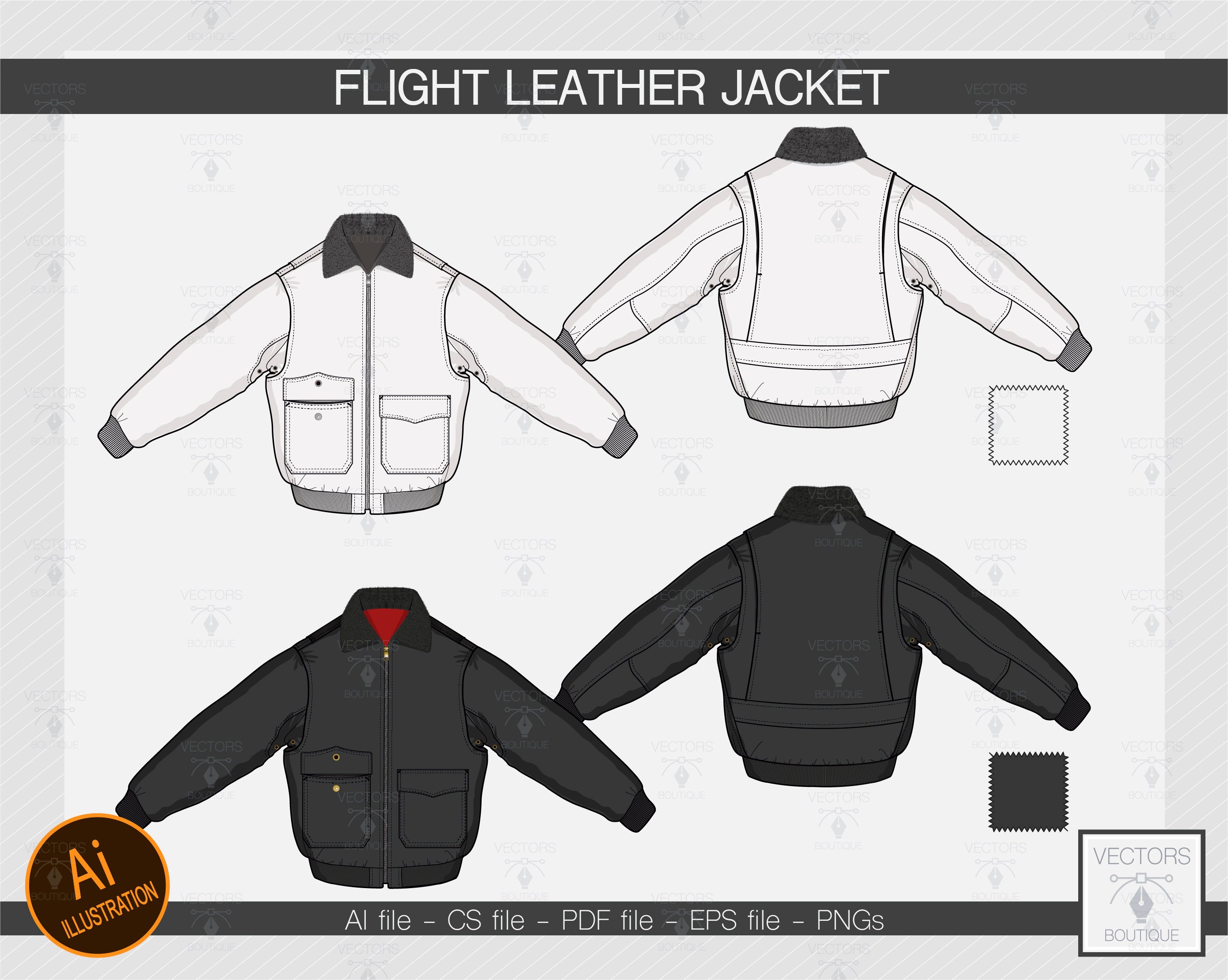 Flight leather jacket vector. Leather jacket. Padded biker jacket in black leather and red lining. Fur collar winter jacket.
