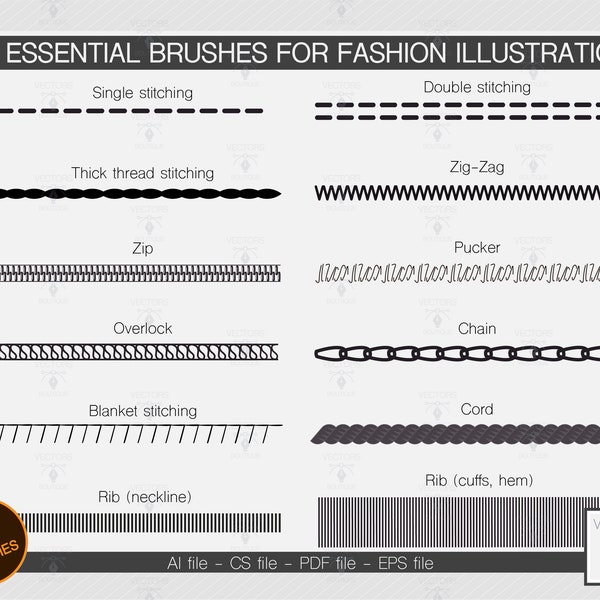 12 pinceaux Essential Illustrator pour l’illustration de mode. Vecteurs. Simple double couture, chaîne, overlock, côte, zig-zag, cordon, zip, rondelle.